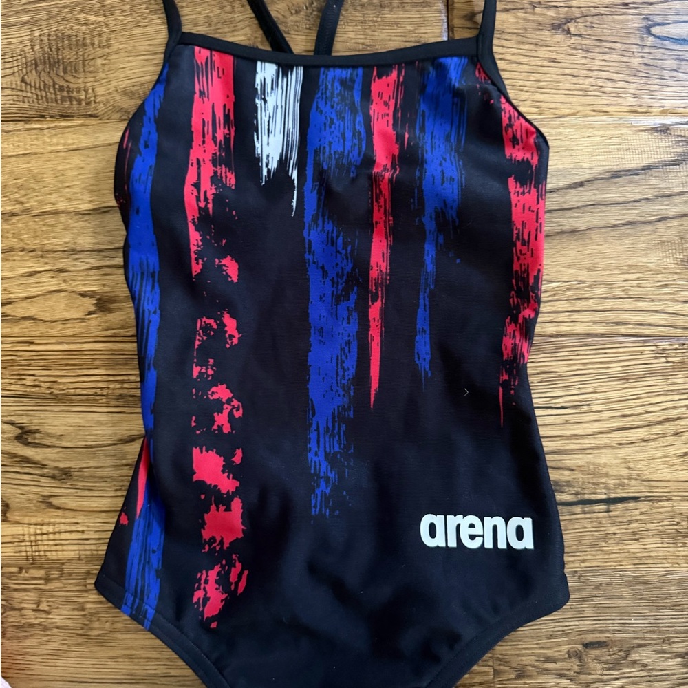 Arena Girls' Black One-Piece Swimsuit with Blue & Red Brushprint